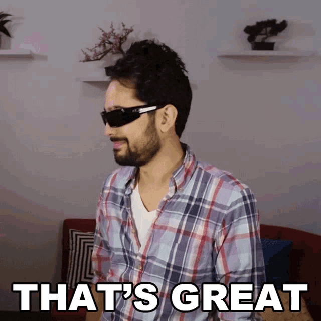 a man wearing sunglasses says " that 's great " in black letters