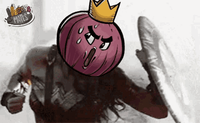 a cartoon drawing of an onion with a crown on its head with the words victory mates written below it