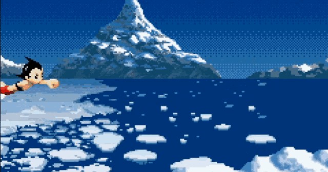 a pixel art of a boy swimming in the ocean with a mountain in the background