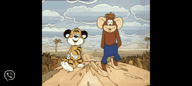 a cartoon of a tiger and a mouse standing next to each other on a dirt road