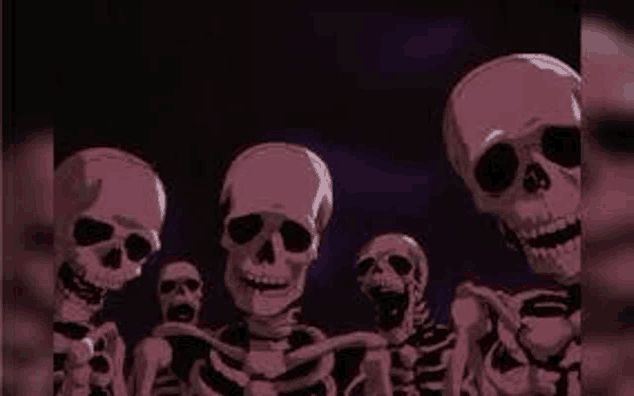 a group of skeletons are standing next to each other and smiling .