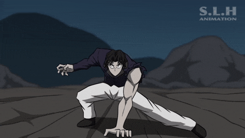 a drawing of a man with a s.l.h animation logo in the background