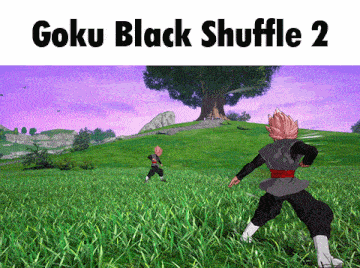 a video game called goku black shuffle 2 is being played in a grassy field
