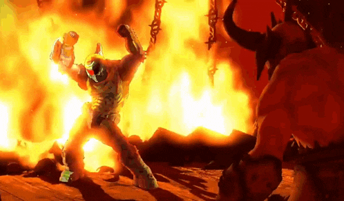 a video game character is standing in front of a fire while holding a sword .