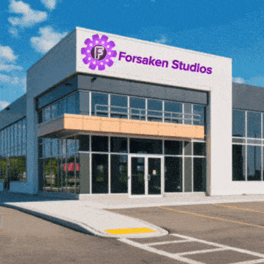 a forsaken studios building with a purple flower on top