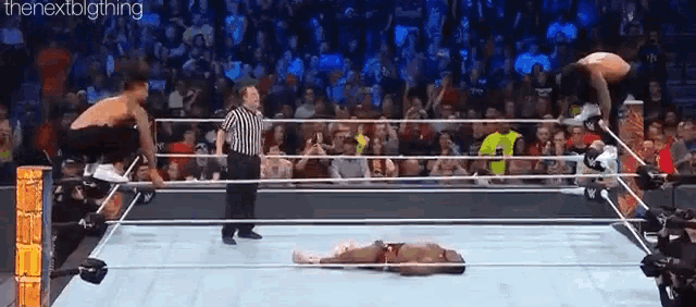 a wrestler is jumping over another wrestler in a wrestling ring