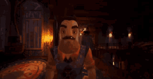 a cartoon character with a beard and mustache is in a dark room