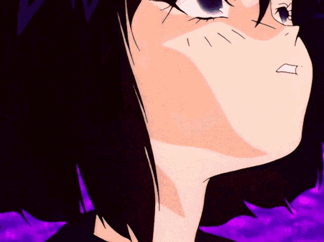 a close up of a cartoon character with a purple cross on her forehead