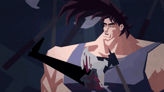 a cartoon drawing of a man holding a bloody sword