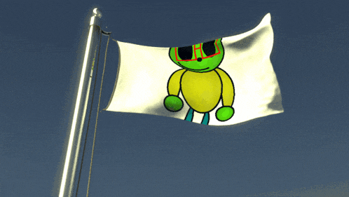 a white flag with a green teddy bear wearing sunglasses on it