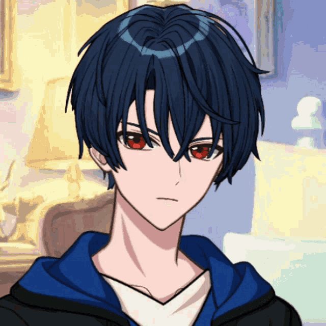 a boy with blue hair and red eyes is wearing a blue jacket
