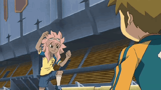 a cartoon character with pink hair is standing next to a boy with a blue shirt