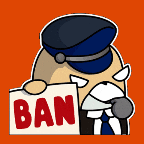 a cartoon police officer holding a sign that says ban