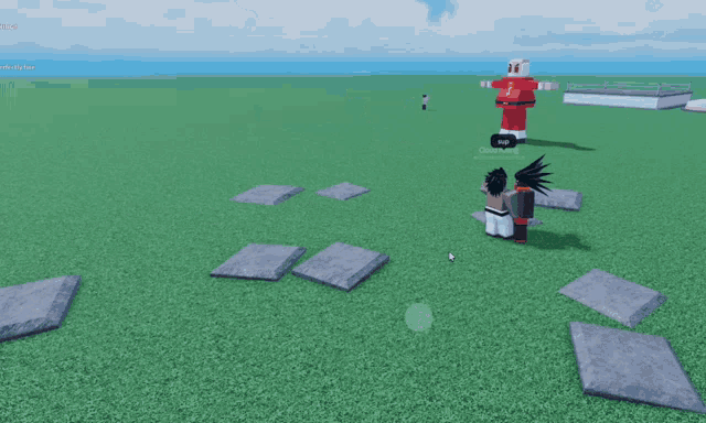 a screenshot of a video game shows a person standing in a grassy field