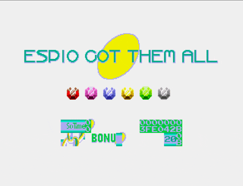a screen that says espio got them all with a bunch of gems