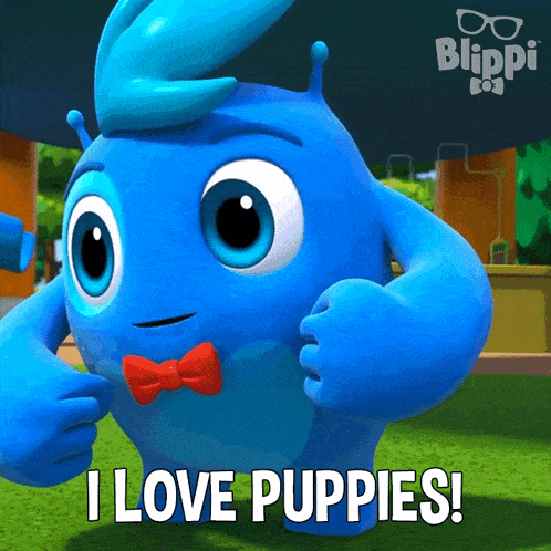 a cartoon character with a red bow tie says " i love puppies "