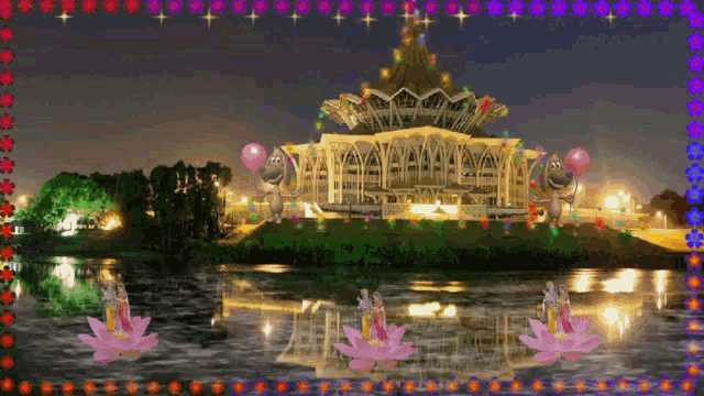 a picture of a temple with balloons and flowers in the water
