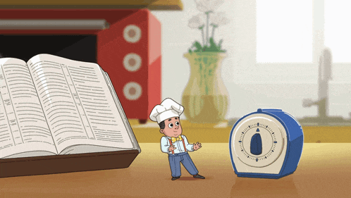 a cartoon of a man in a chef 's hat standing next to a timer that has the number 0 on it