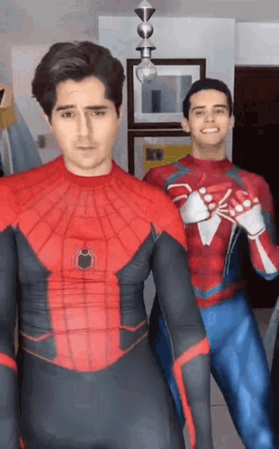 two men in spiderman costumes stand next to each other