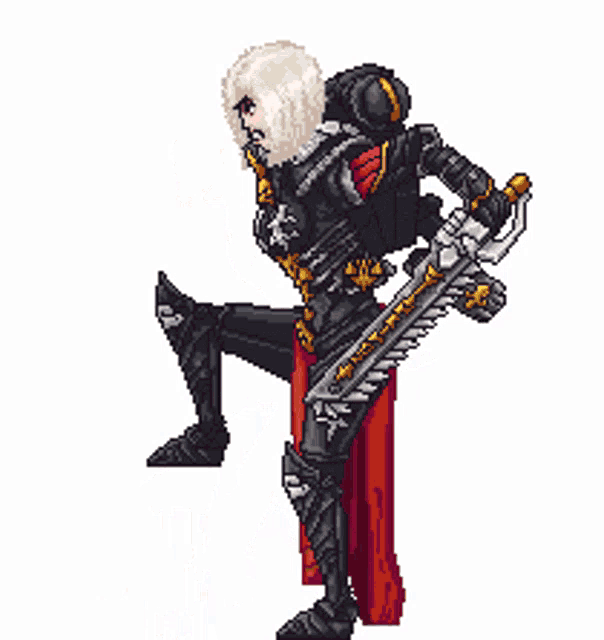 a pixel art of a woman holding a sword