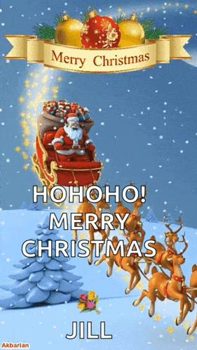 a merry christmas card with santa in a sleigh