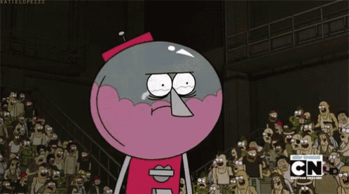 a cartoon character is crying in front of a crowd that says cnb