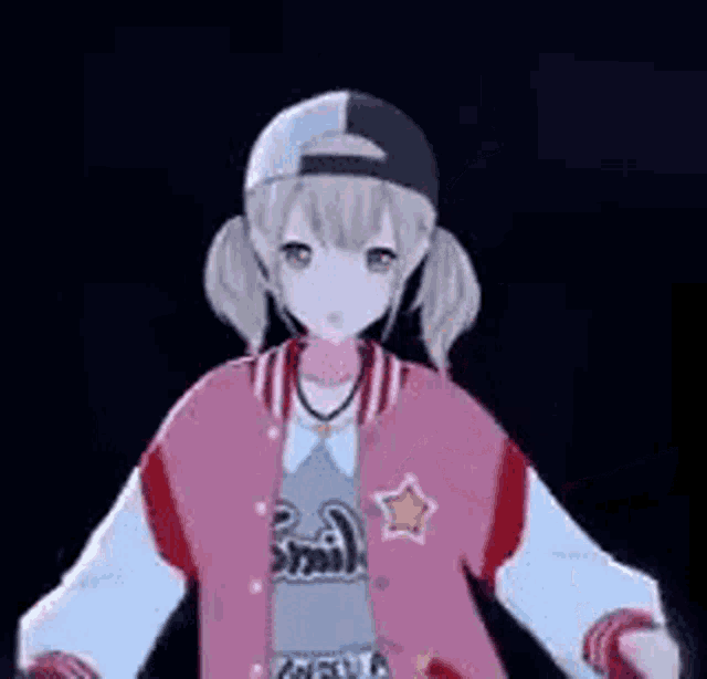 a girl wearing a baseball cap and a pink jacket is standing in front of a black background .