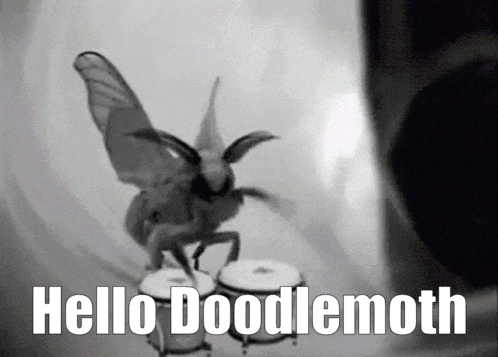 a black and white photo of a moth playing drums with the caption hello doodlemoth