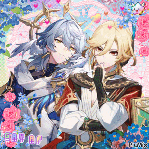 a couple of anime characters standing next to each other with flowers around them