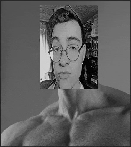 a black and white photo of a man wearing glasses and a shirtless chest