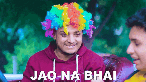 a man wearing a clown wig with the words jao na bhai written on the bottom