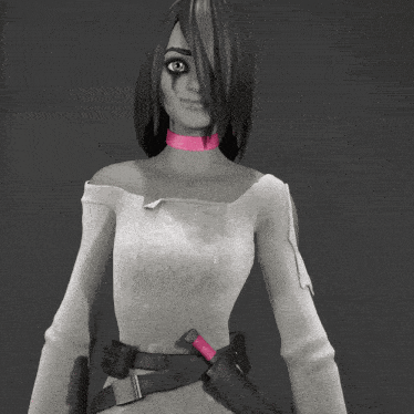 a black and white photo of a woman wearing a pink choker and holding a gun