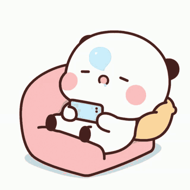 a cartoon panda bear is sitting on a pink couch playing a game