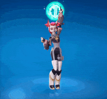 a video game character is dancing in a blue room