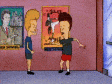 two cartoon characters standing in front of a poster that says ' new showing ' on it