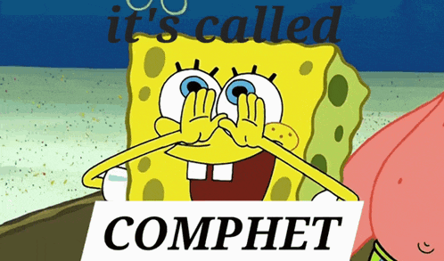 a cartoon of spongebob and patrick holding a sign that says " it 's called compt "