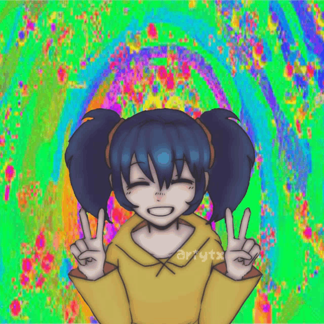 a drawing of a girl giving a peace sign with artytx written below her