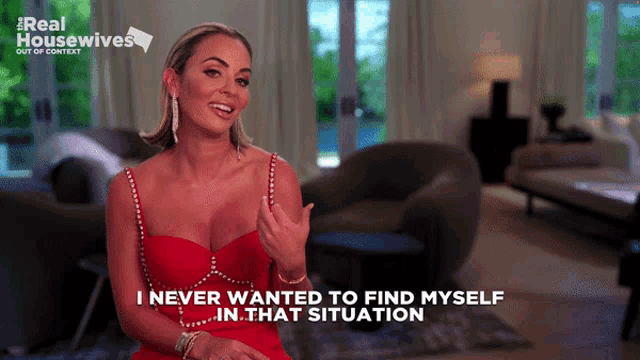 a woman in a red dress is talking about finding herself in a situation