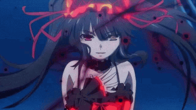 a girl with black hair and red ribbons around her head