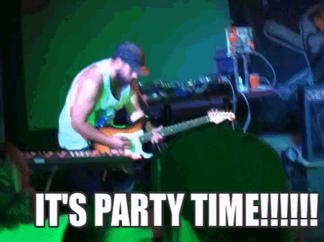a man playing a guitar with the words it 's party time