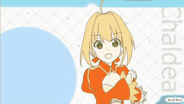 a drawing of a girl with the name chaldea on the bottom right