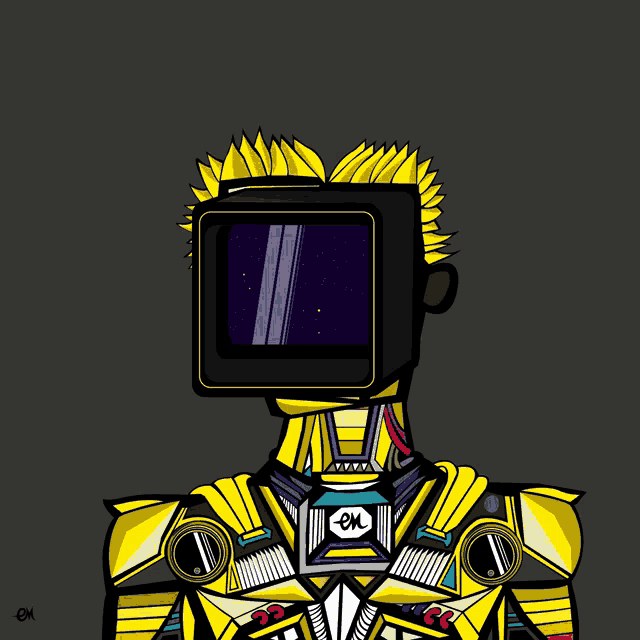 a cartoon drawing of a man with a tv head and the letters em on his chest