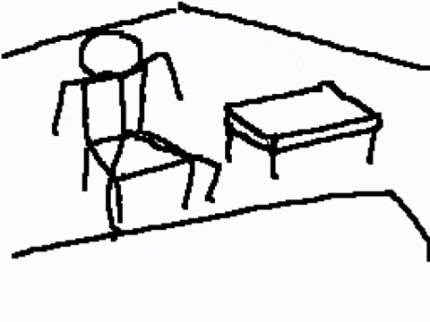 a stick figure is laying on a chair next to a table .
