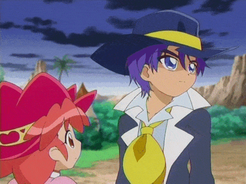 a boy with purple hair and a yellow tie is standing next to a girl with red hair