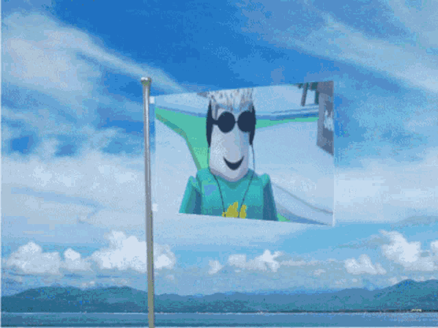 a flag with a cartoon character wearing sunglasses and the number 77