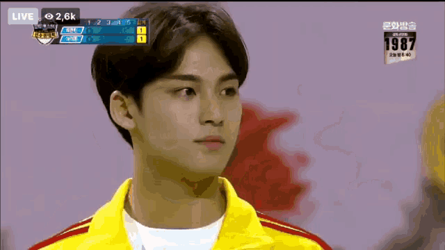 a young man in a yellow and red jacket looks at the camera with the number 1987 on the bottom right