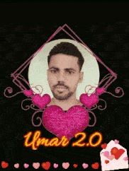 a man is surrounded by pink hearts and the name umar