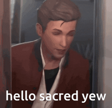 a man in a red jacket is standing next to a wall and says hello sacred yaw .