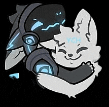 a cartoon of a cat hugging a robot with headphones .