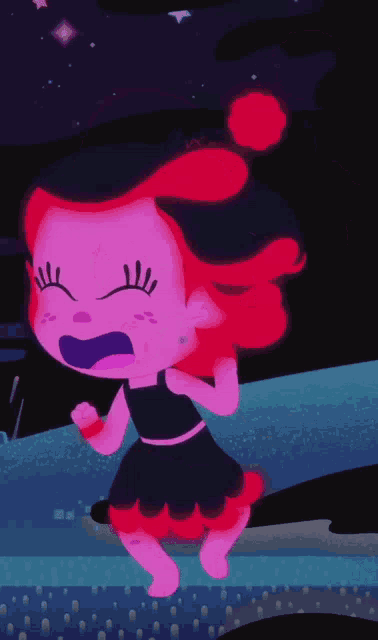 a cartoon girl with red hair and a black dress is screaming